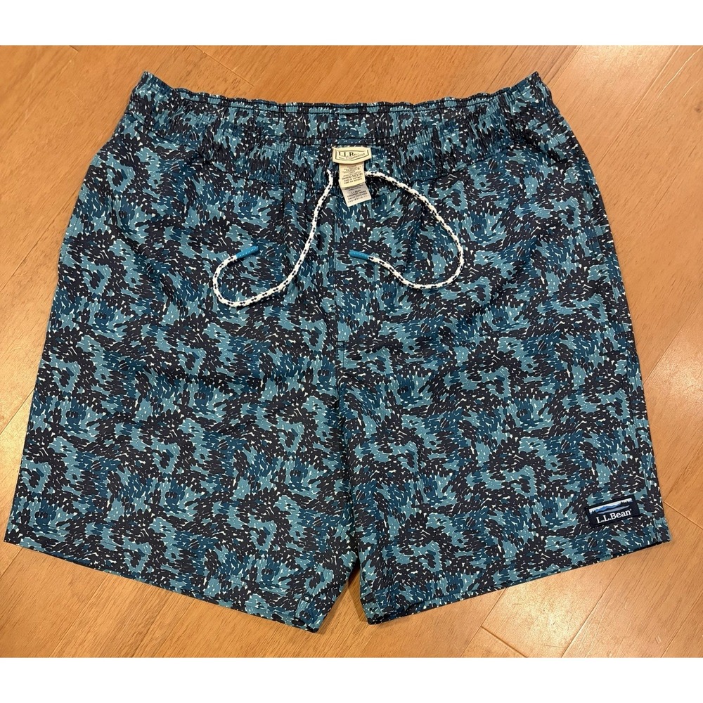LL Bean Swim Trunks Board Shorts Large Lined Abstract Coastal Vacation Pockets